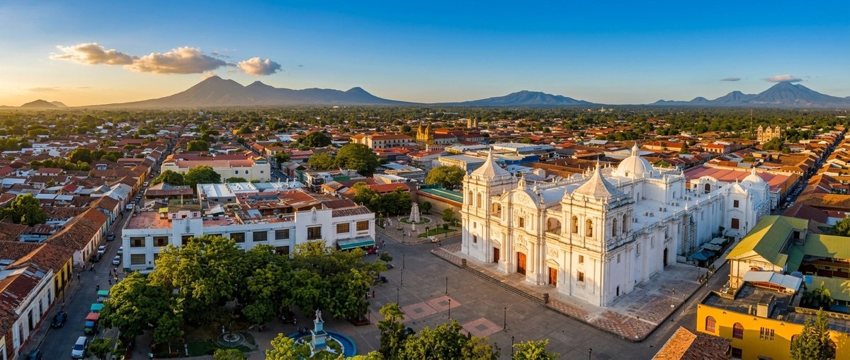 León y sus volcanes desde el aire, Nicaragua